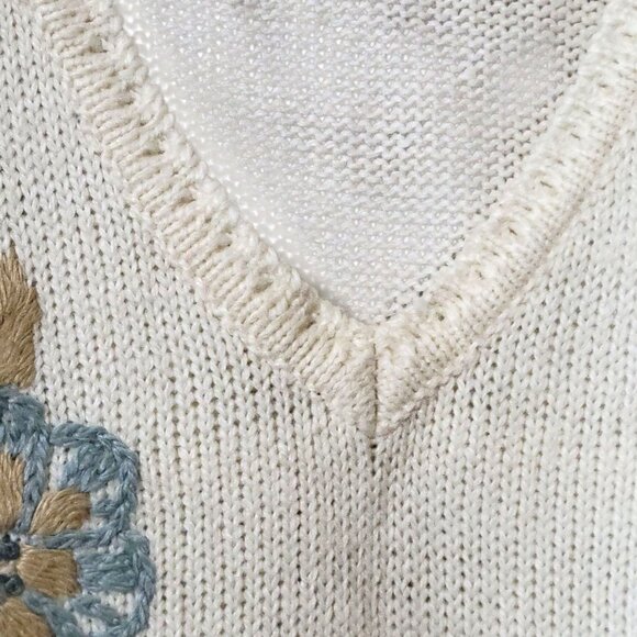 Vtg Jantzen Classics Ivory Floral Hand Embroidered Sweater M V-Neck Grandma - Picture 5 of 11